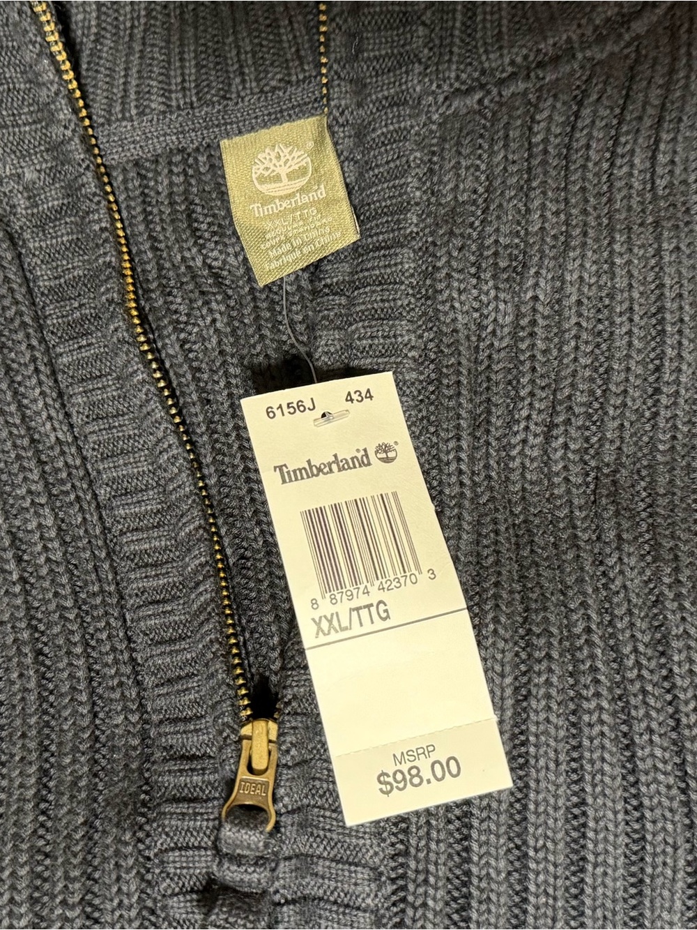 Timberland Men's Dark Charcoal Ribbed Half-Zip Sweater with Brass Zipper